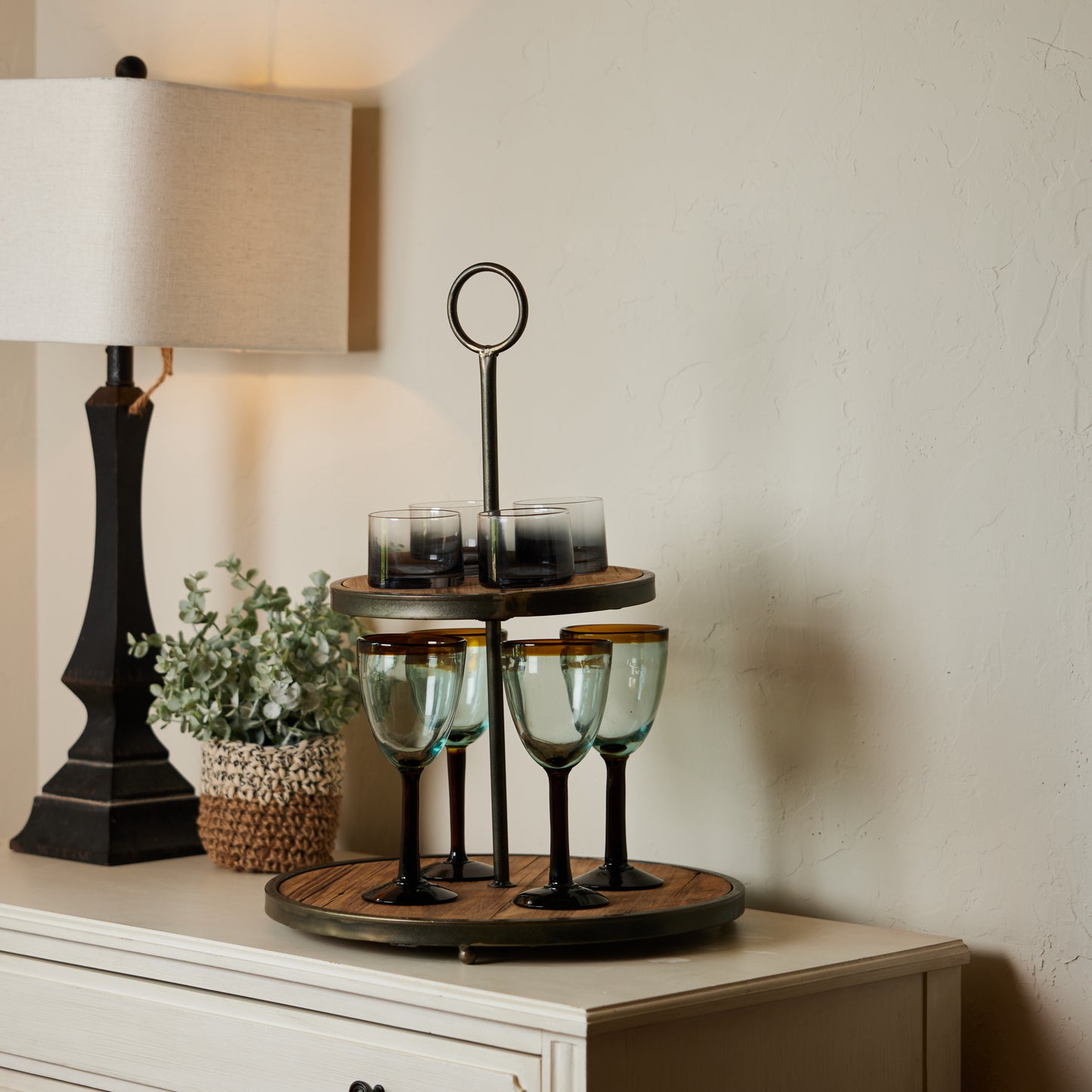Decorative Wood and Metal 2-Tier Tray