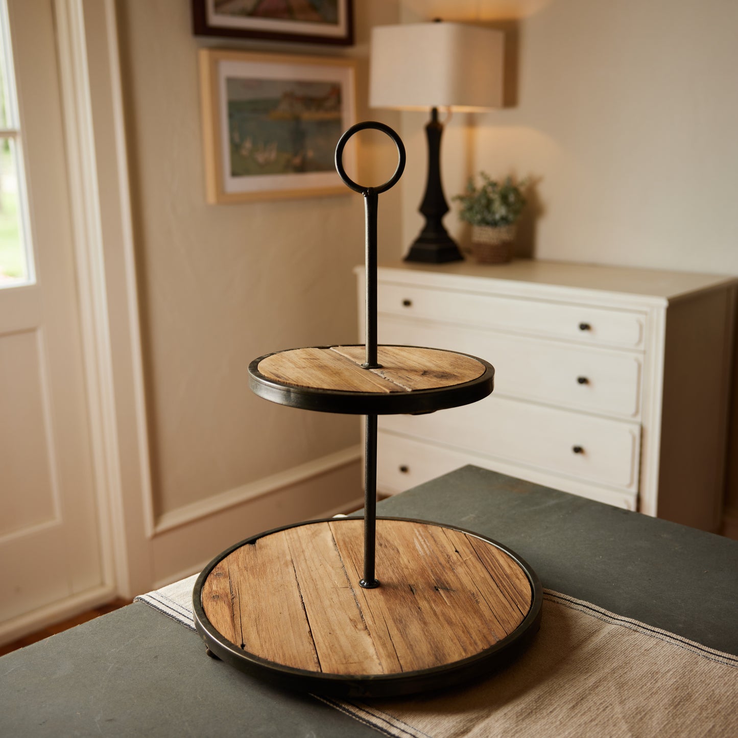 Decorative Wood and Metal 2-Tier Tray