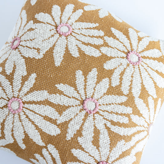 Mustard & Pink Embroidered Floral Pillow