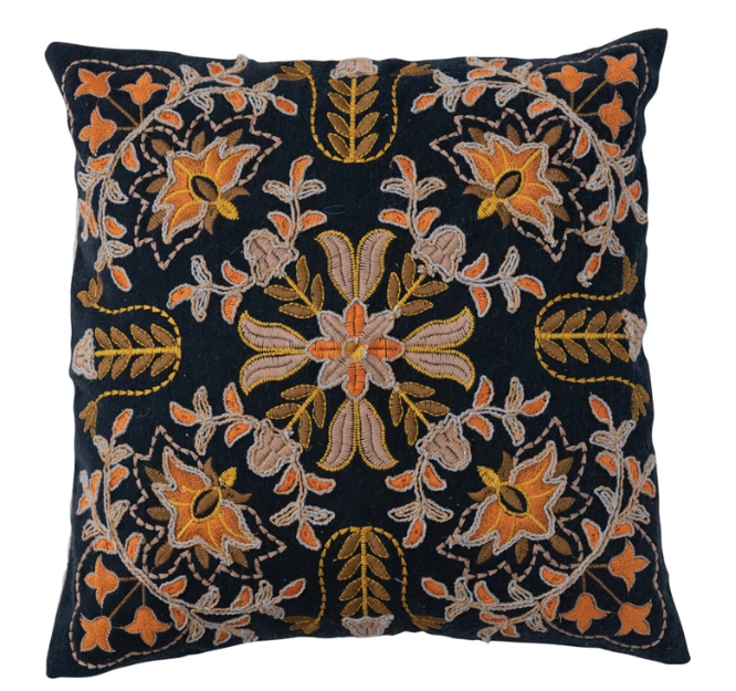 Black Square Embroidered Pillow with Floral Design