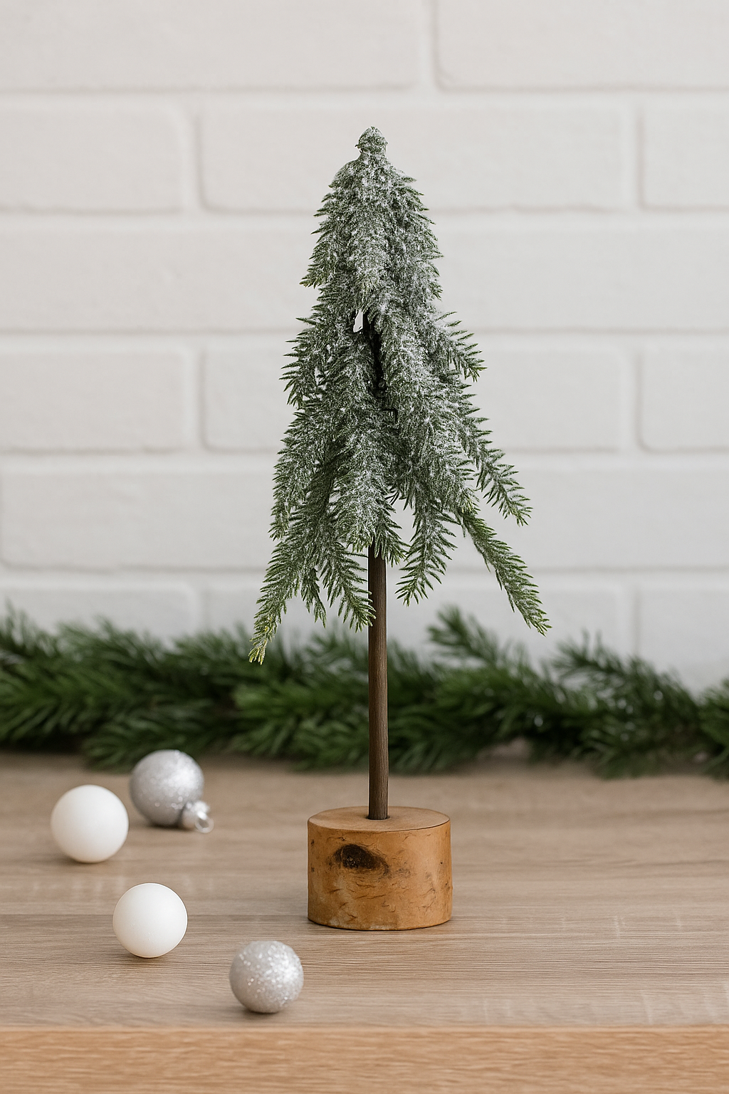 Green Frosted Pine Tree with Wooden Base