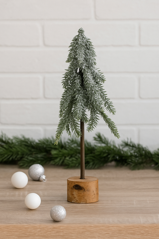 Green Frosted Pine Tree with Wooden Base