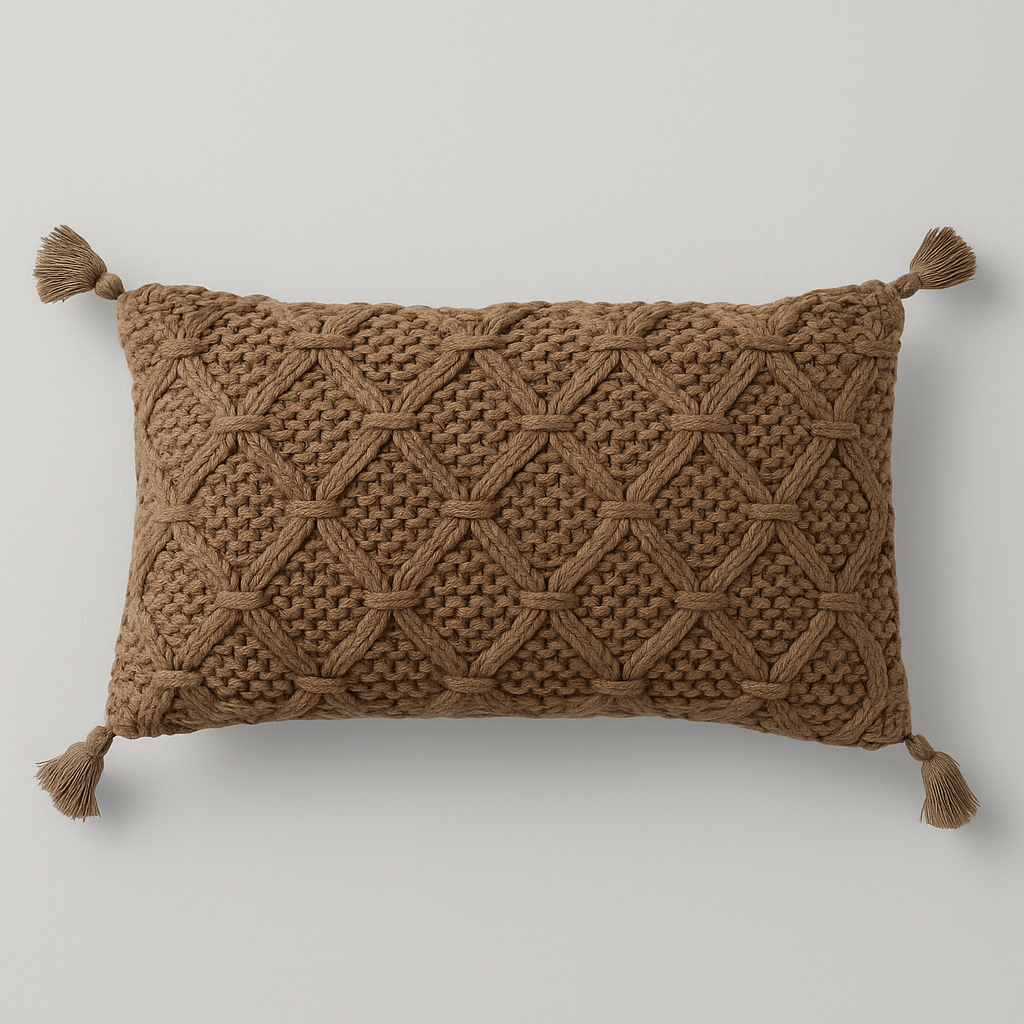 Woven Cotton Slub Lumbar Pillow with Diamond Pattern & Jute Tassels