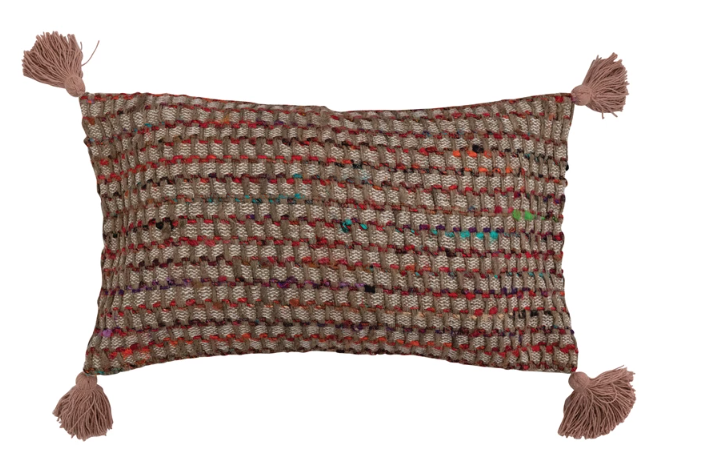 Woven Tassel Pillow with Multicolor Stitching