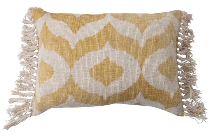 Yellow & White Cotton Lumbar Pillow with Tassels