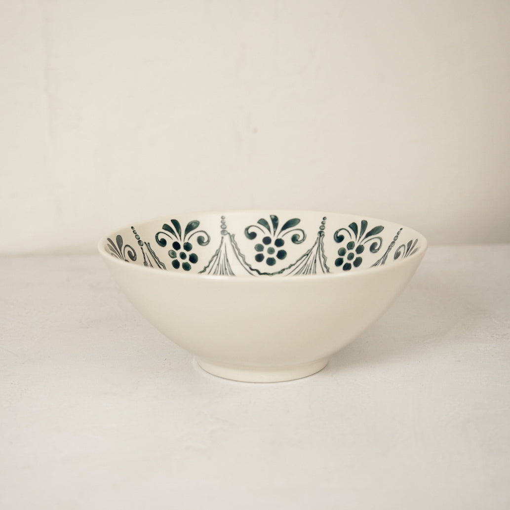 Cream & Blue Hand-Stamped Stoneware Bowl