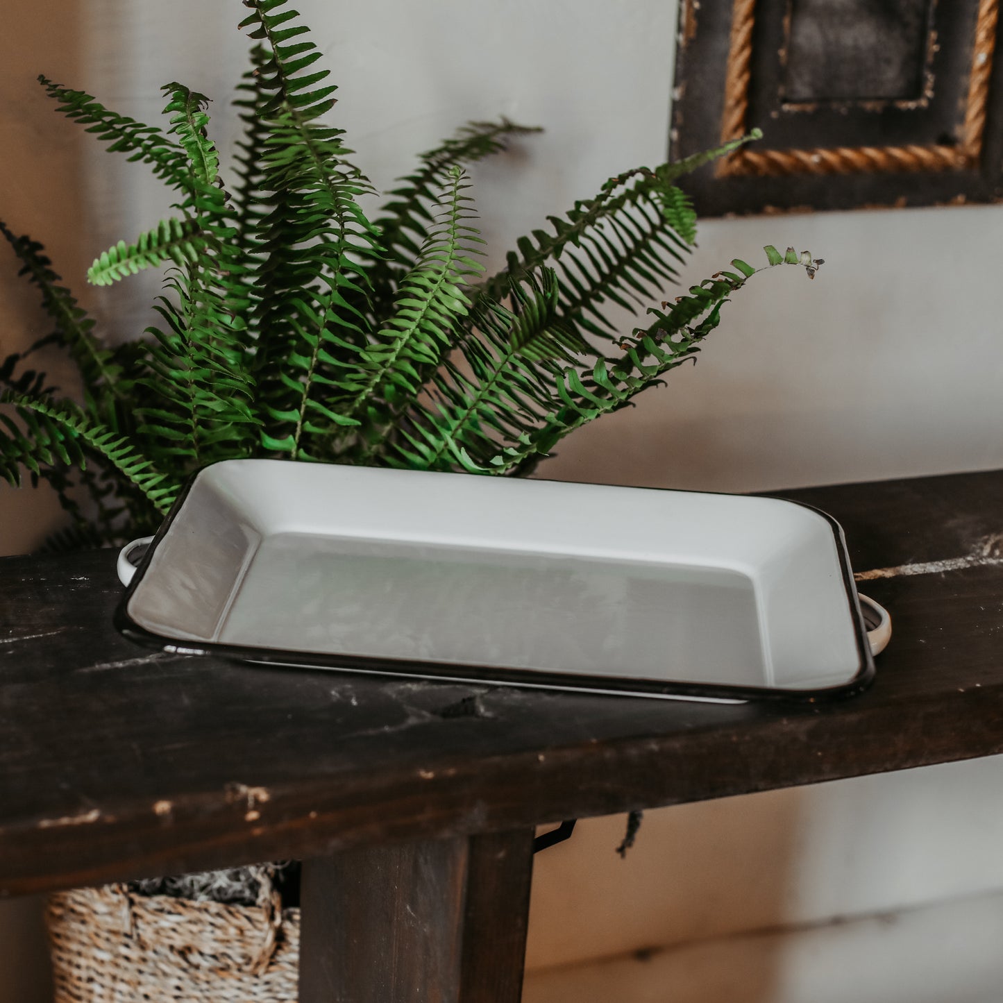 White Enamelware Rectangular Tray