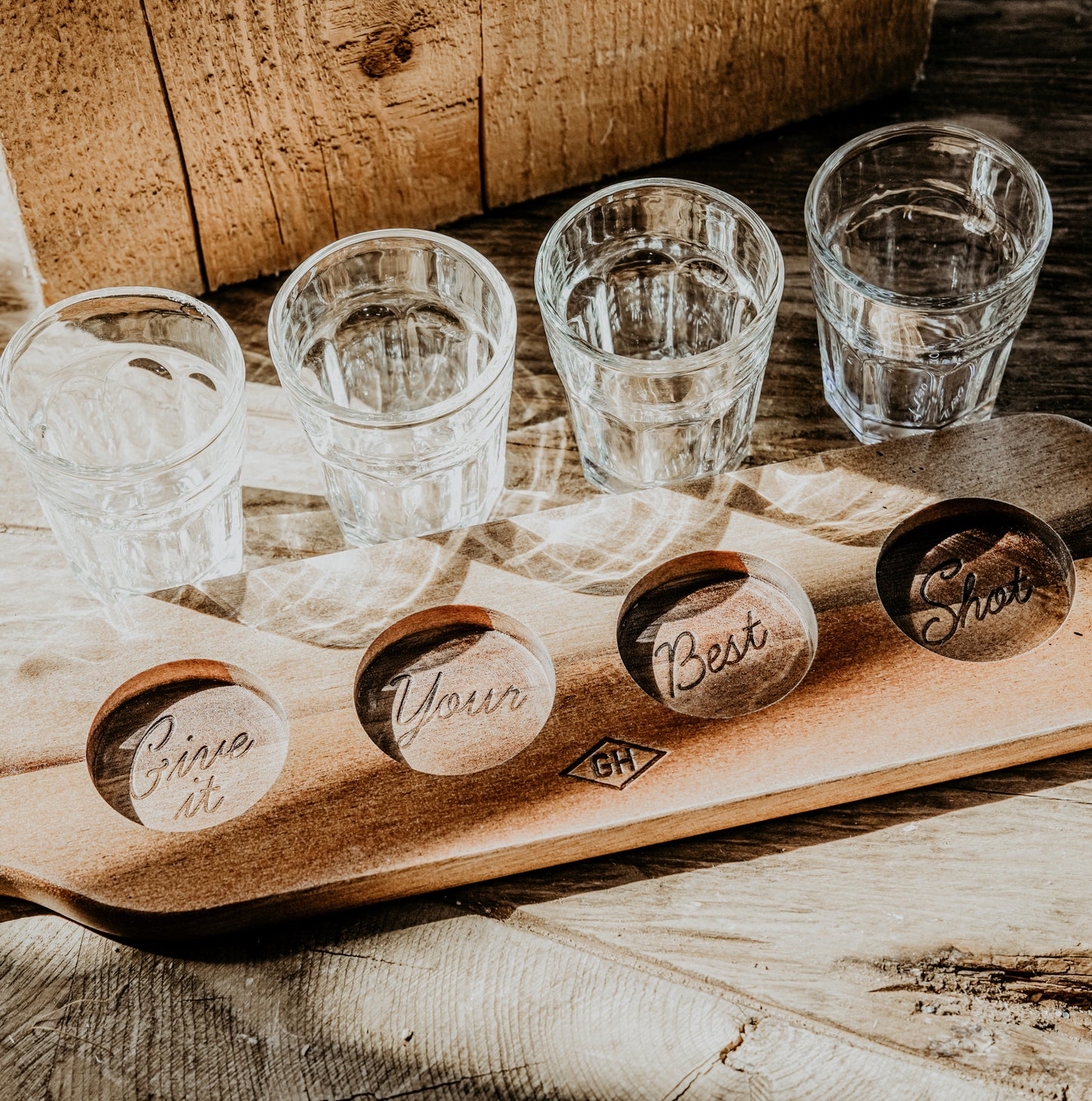 Serving Paddle & Shot Glasses