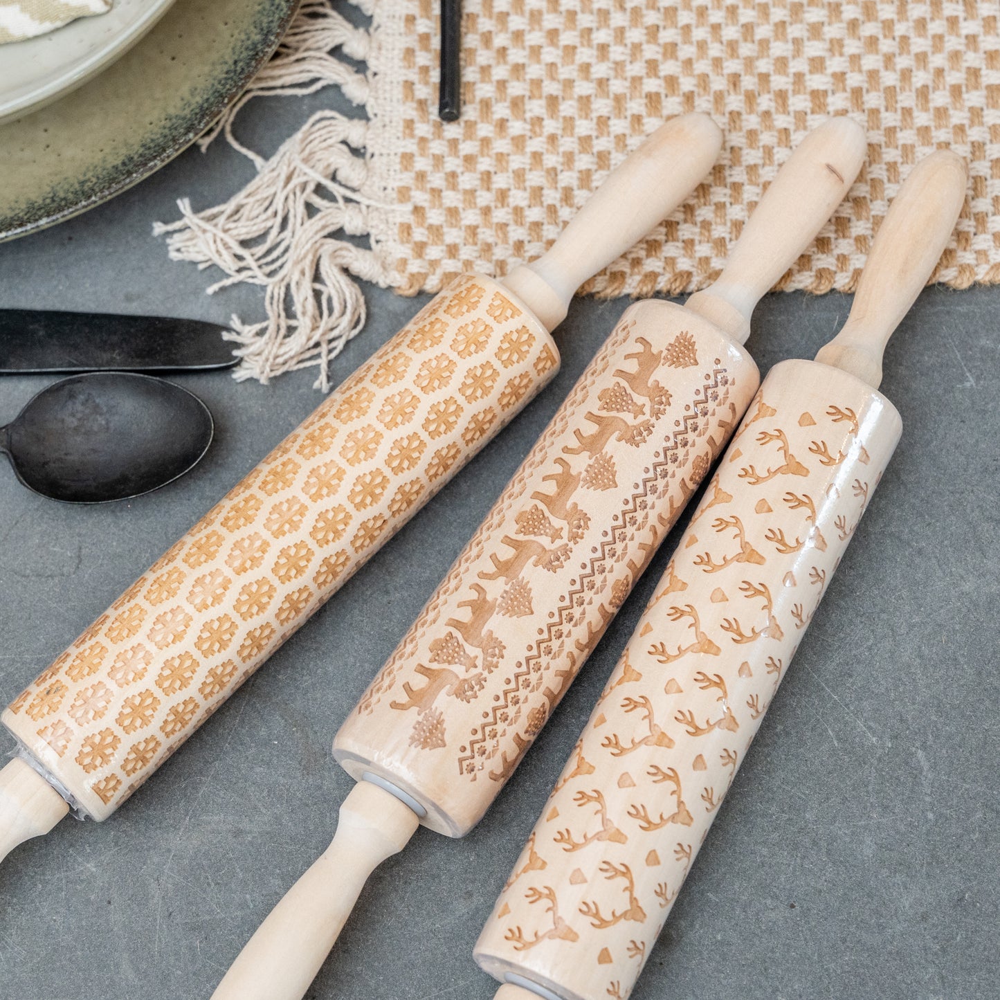 Holiday Pattern Carved Rolling Pin