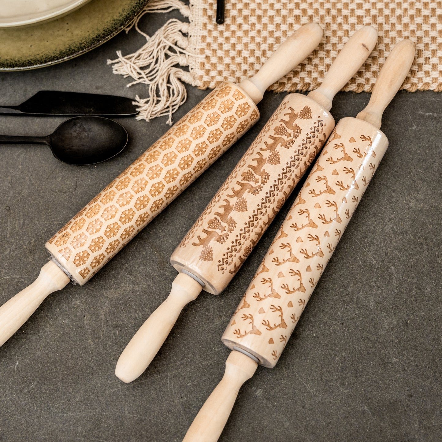 Holiday Pattern Carved Rolling Pin