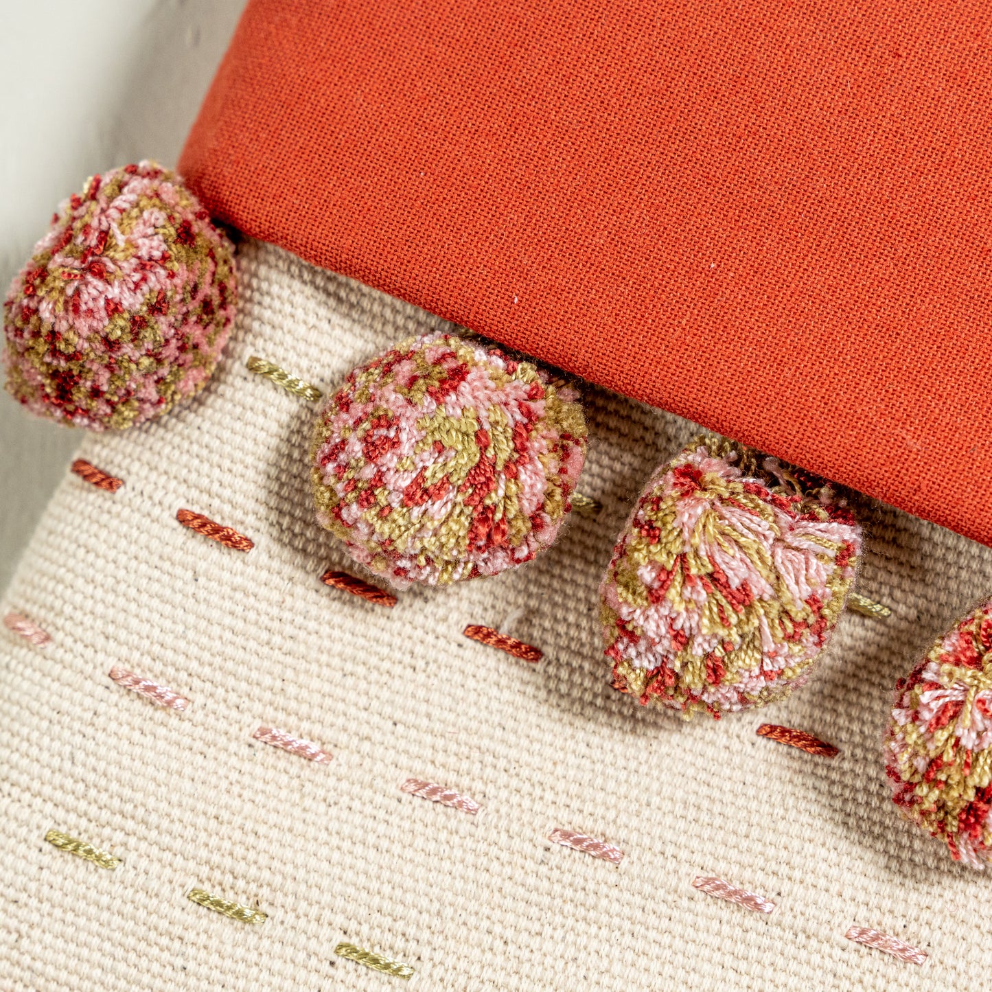 White & Red Kantha Stitch Stocking with Pom Poms