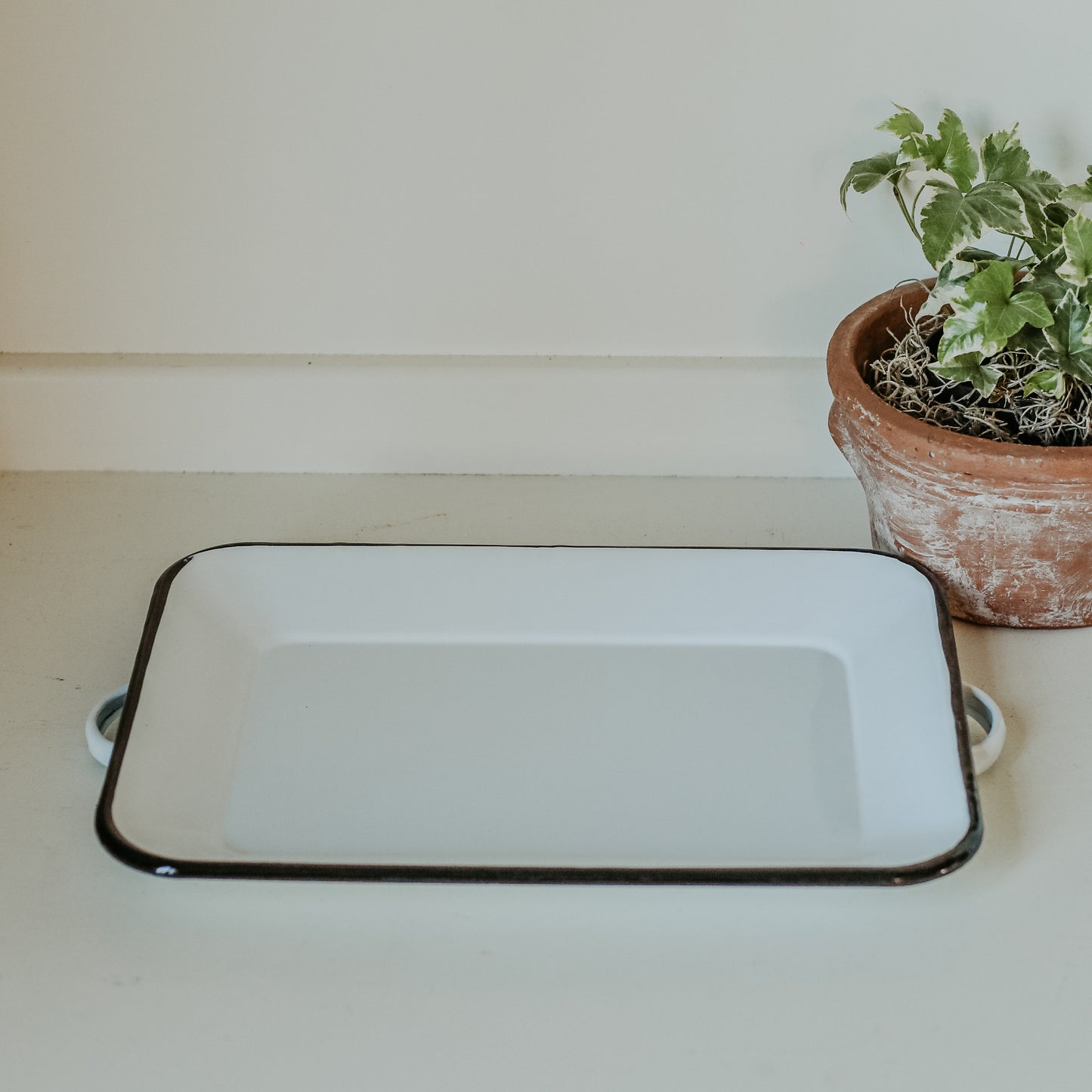 White Enamelware Rectangular Tray