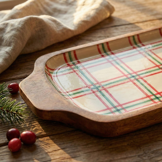 Holiday Plaid Oval Tray – Mango Wood