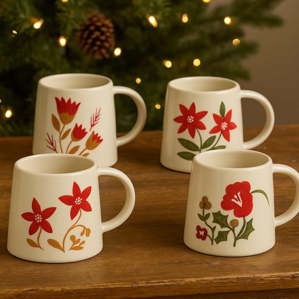Hand-Painted Holiday Floral Stoneware Mugs – 4 Styles