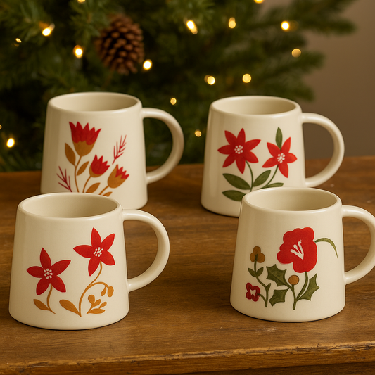Hand-Painted Holiday Floral Stoneware Mugs – 4 Styles