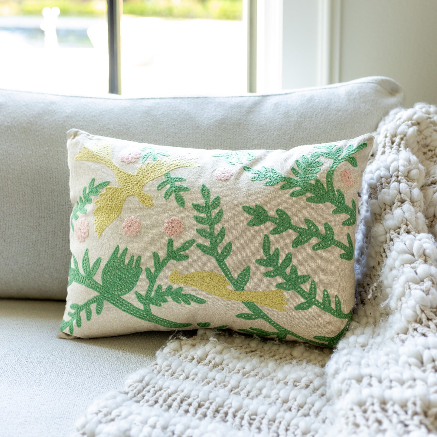 Chambray Lumbar Pillow with Bird Embroidery