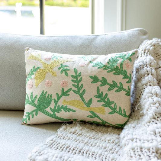 Chambray Lumbar Pillow with Bird Embroidery