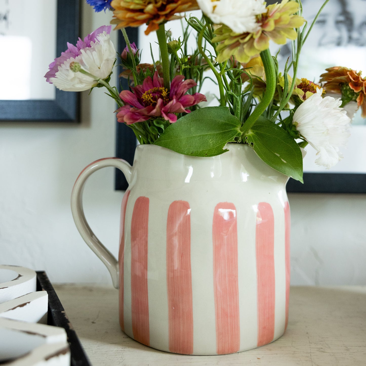 Pink Striped Stoneware Pitcher