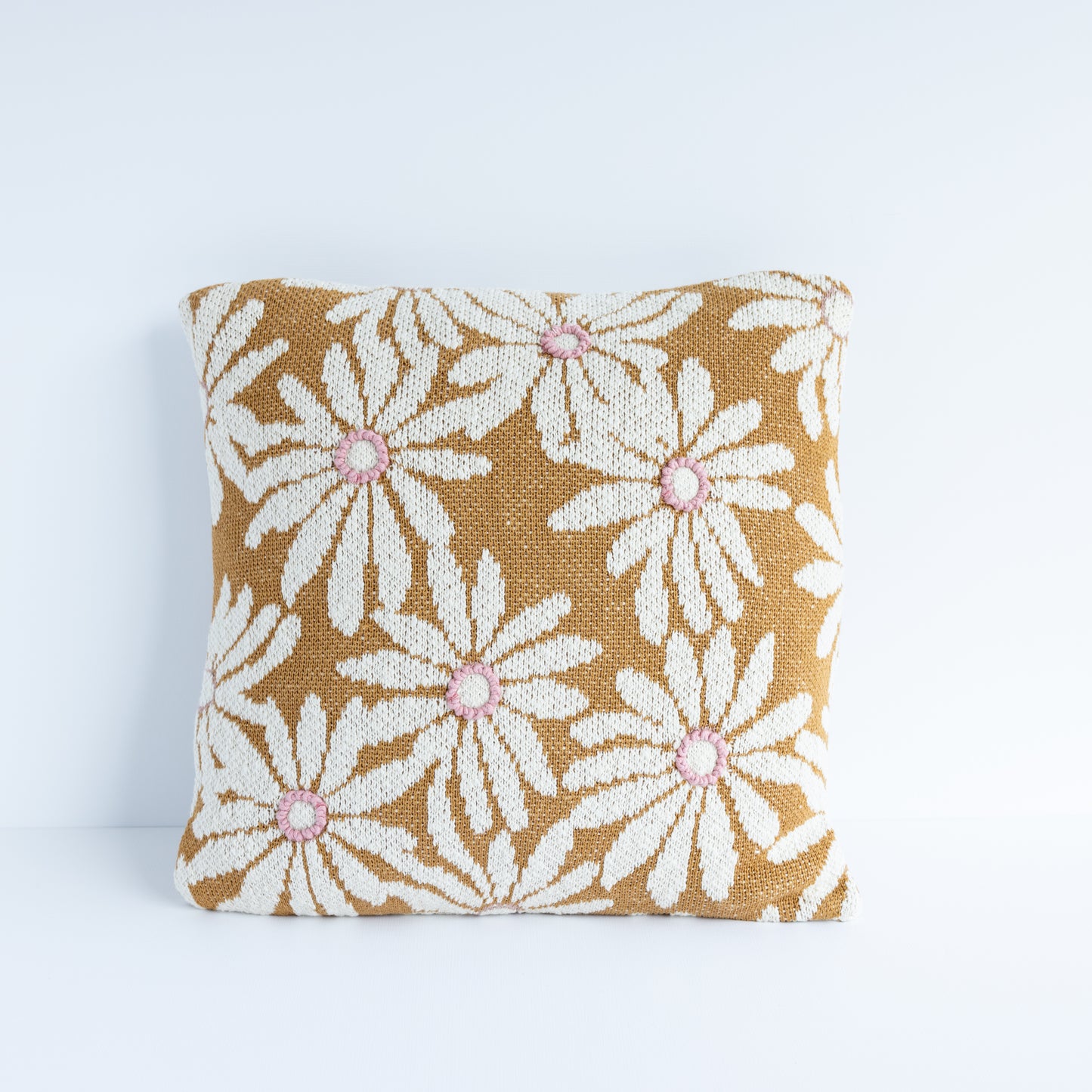 Mustard & Pink Embroidered Floral Pillow