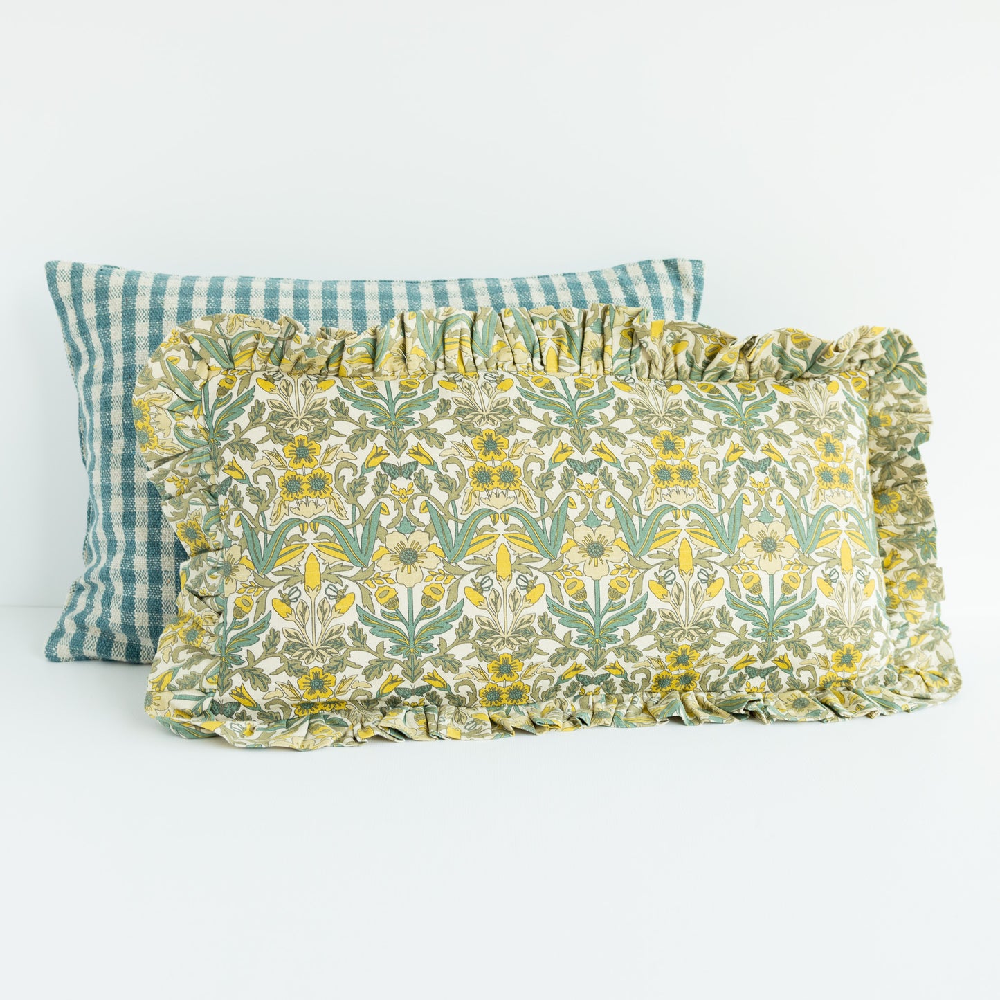 Ruffled Lumbar Pillow with Floral Pattern