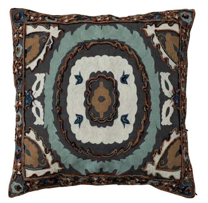 Teal & Brown Square Embroidered Pillow