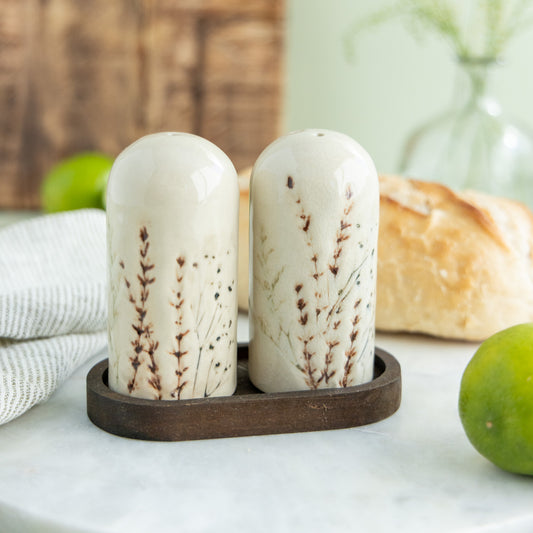 Salt & Pepper Shakers with Wood Tray
