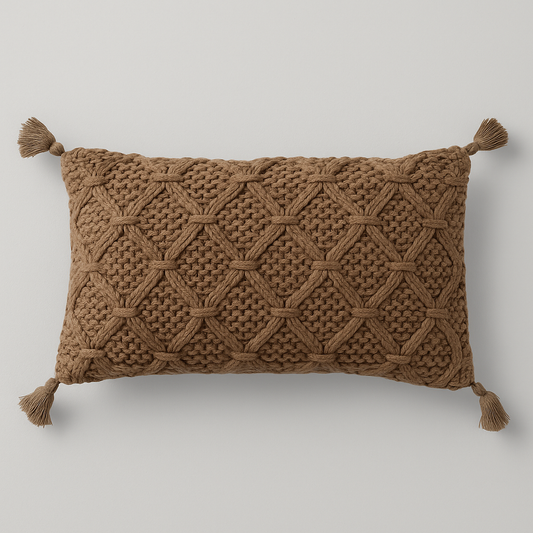 Woven Cotton Slub Lumbar Pillow with Diamond Pattern & Jute Tassels