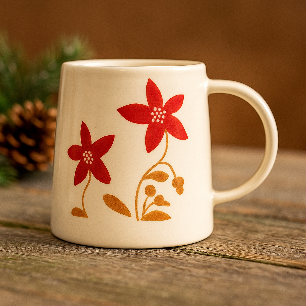Hand-Painted Holiday Floral Stoneware Mugs – 4 Styles