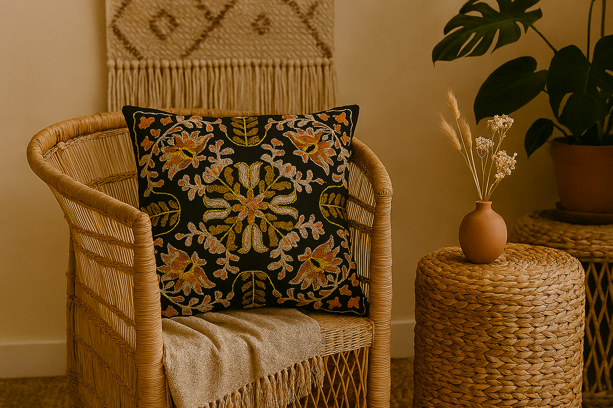 Black Square Embroidered Pillow with Floral Design