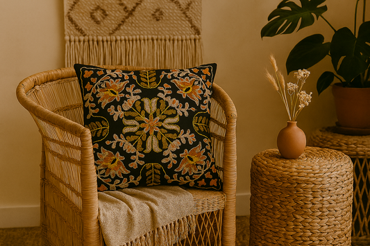 Black Square Embroidered Pillow with Floral Design