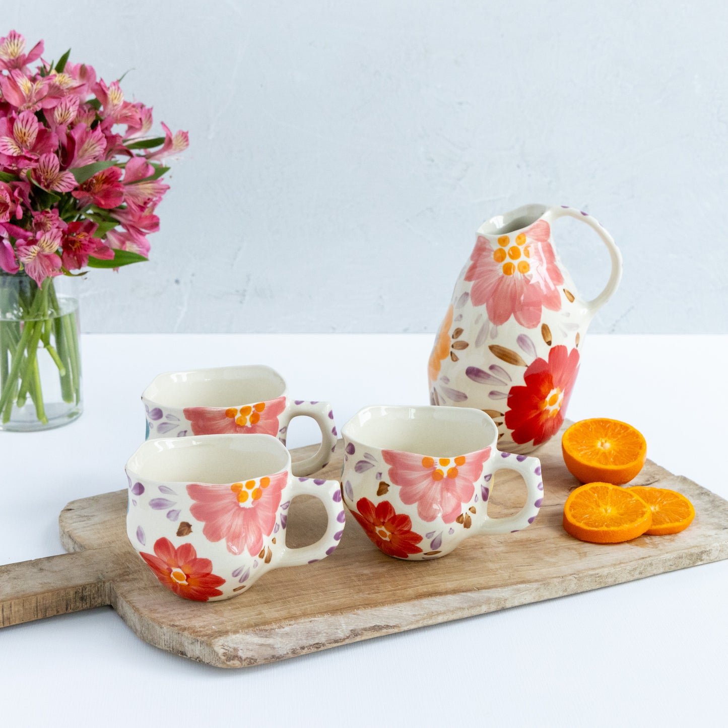 Painted Floral Stoneware Pitcher