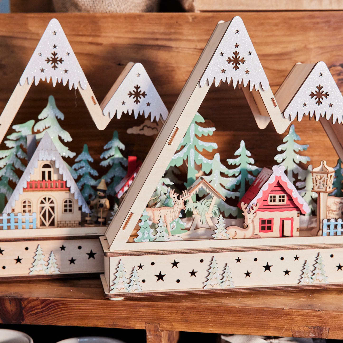 LED Wood Snowy Mountain Village Scene