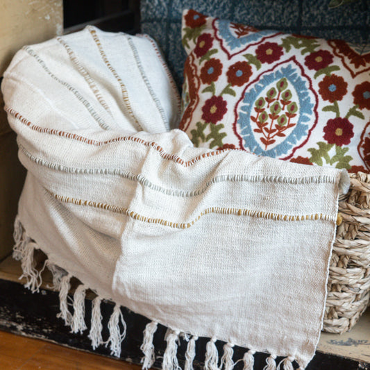 Ivory Striped Throw with Tassels