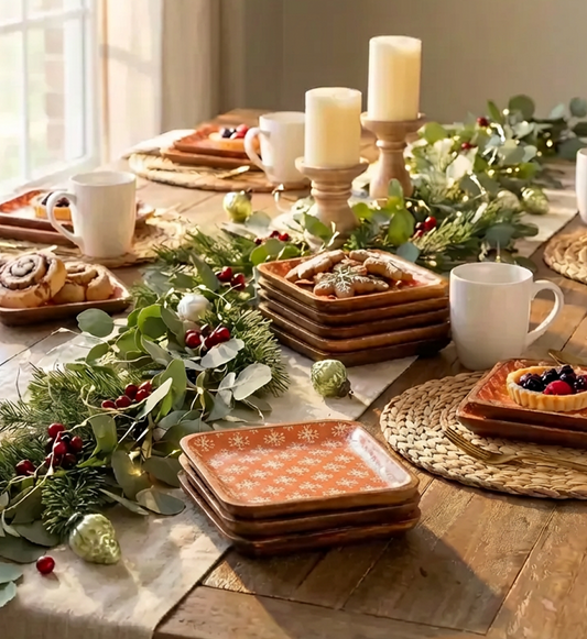 Red Snowflakes Mango Wood Square Tray