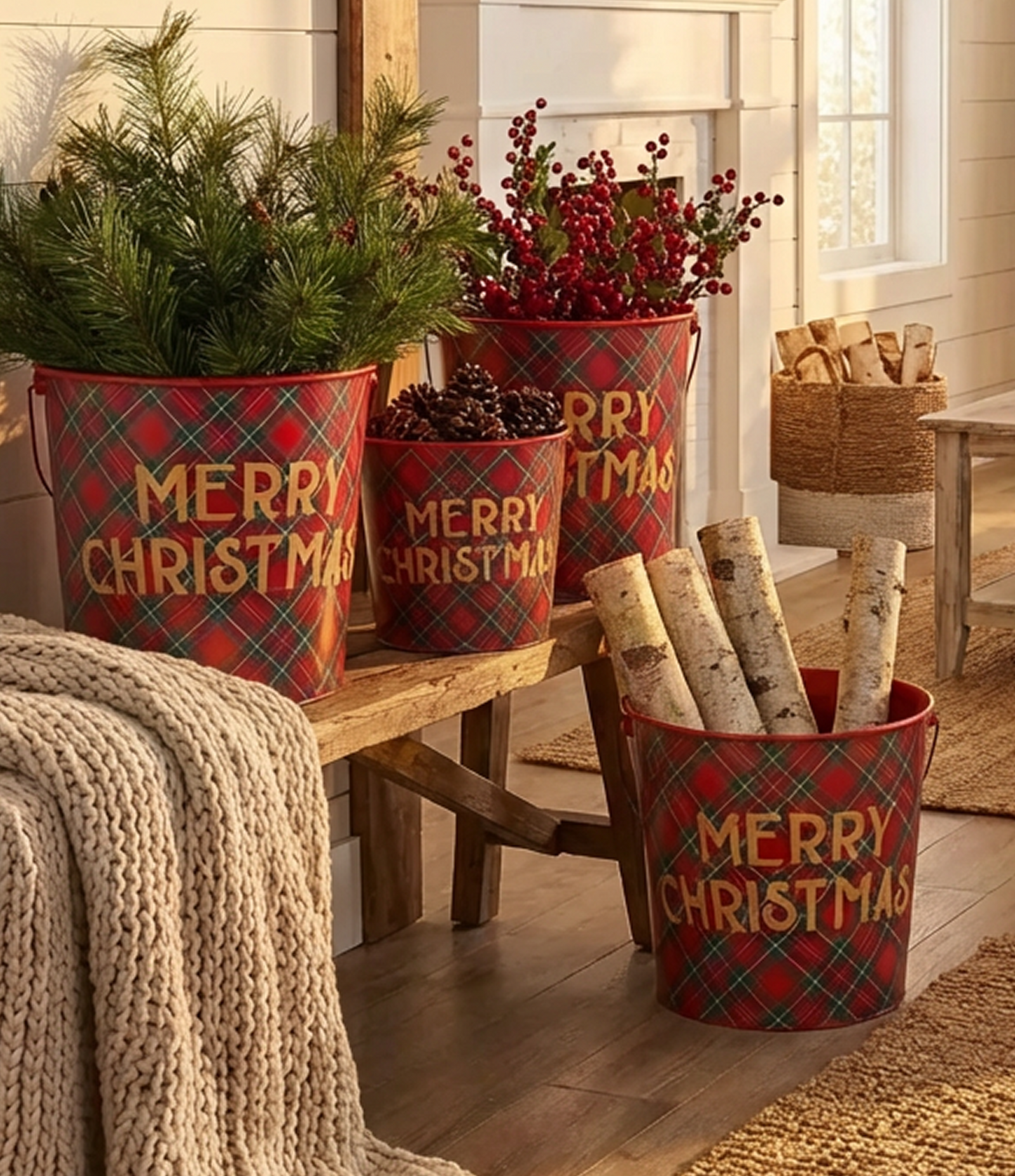 Red & Green Plaid Metal Bucket