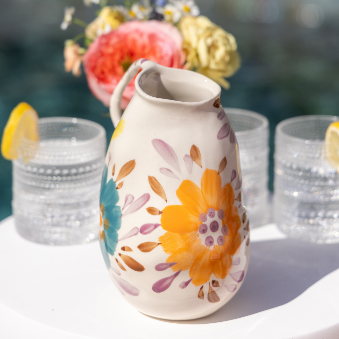 Painted Floral Stoneware Pitcher