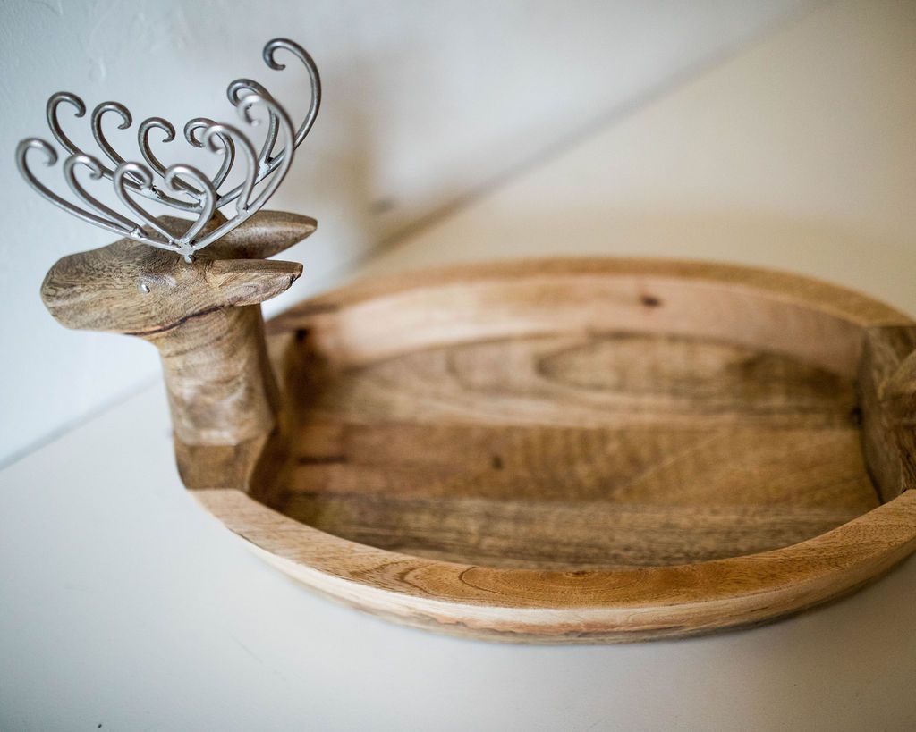 Hand Carved Mango Wood Reindeer Bowl w/ Metal Antlers