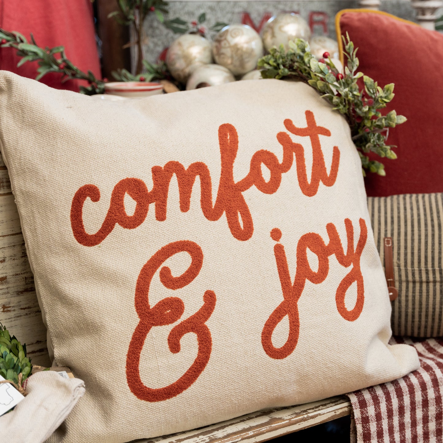 "Comfort and Joy" Embroidered Pillow