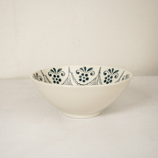 Cream & Blue Hand-Stamped Stoneware Bowl