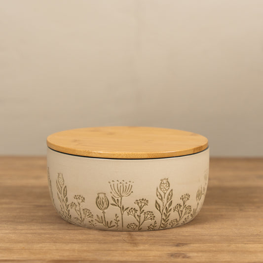 Debossed Green Floral Canister with Bamboo Lid