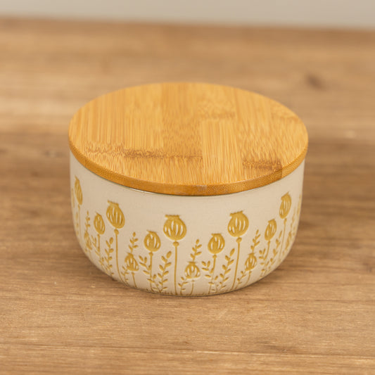 Debossed Mustard Floral Canister with Bamboo Lid