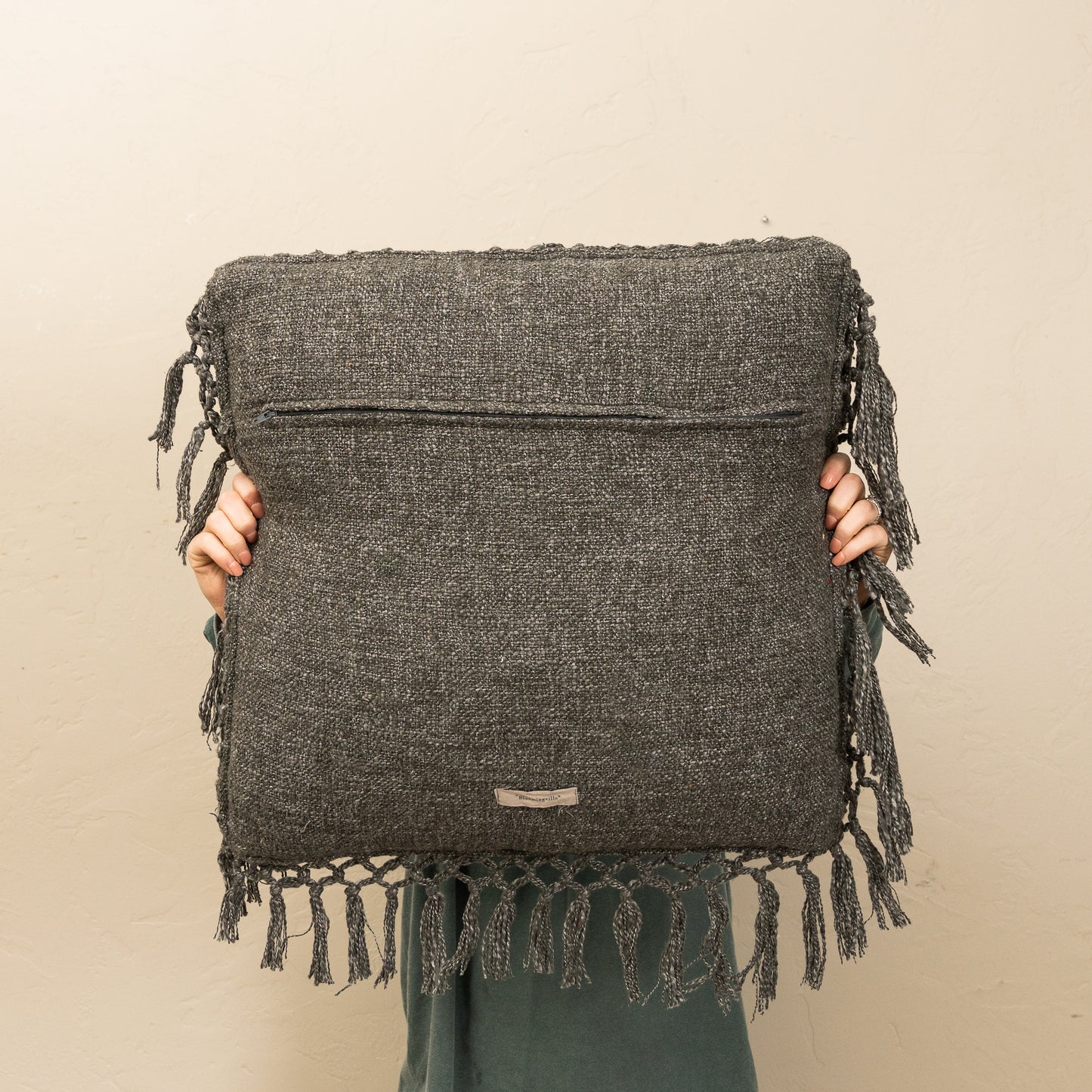 Gray Square Pillow with Tassels