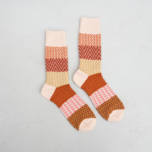 Red Toned Patterns Striped Crew Socks