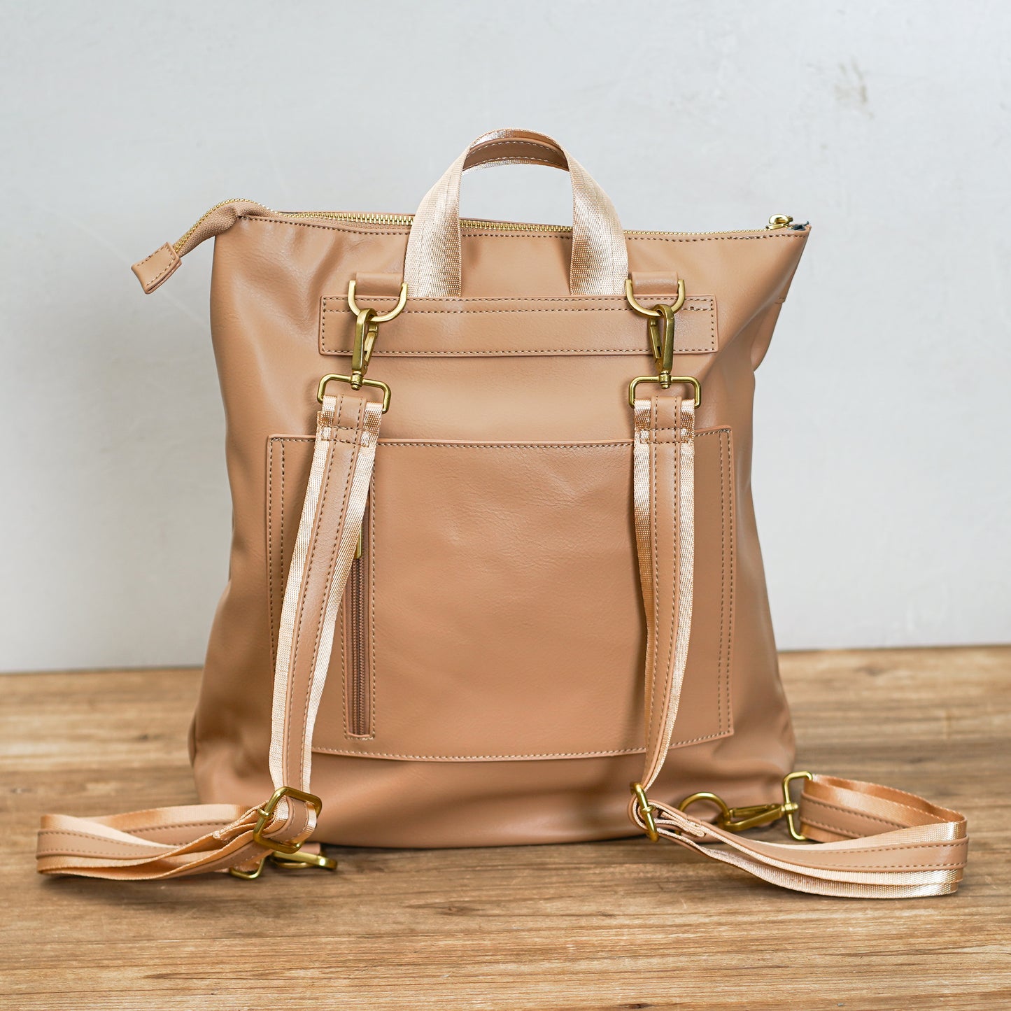 Top Zip Leather Backpack with Front Pocket