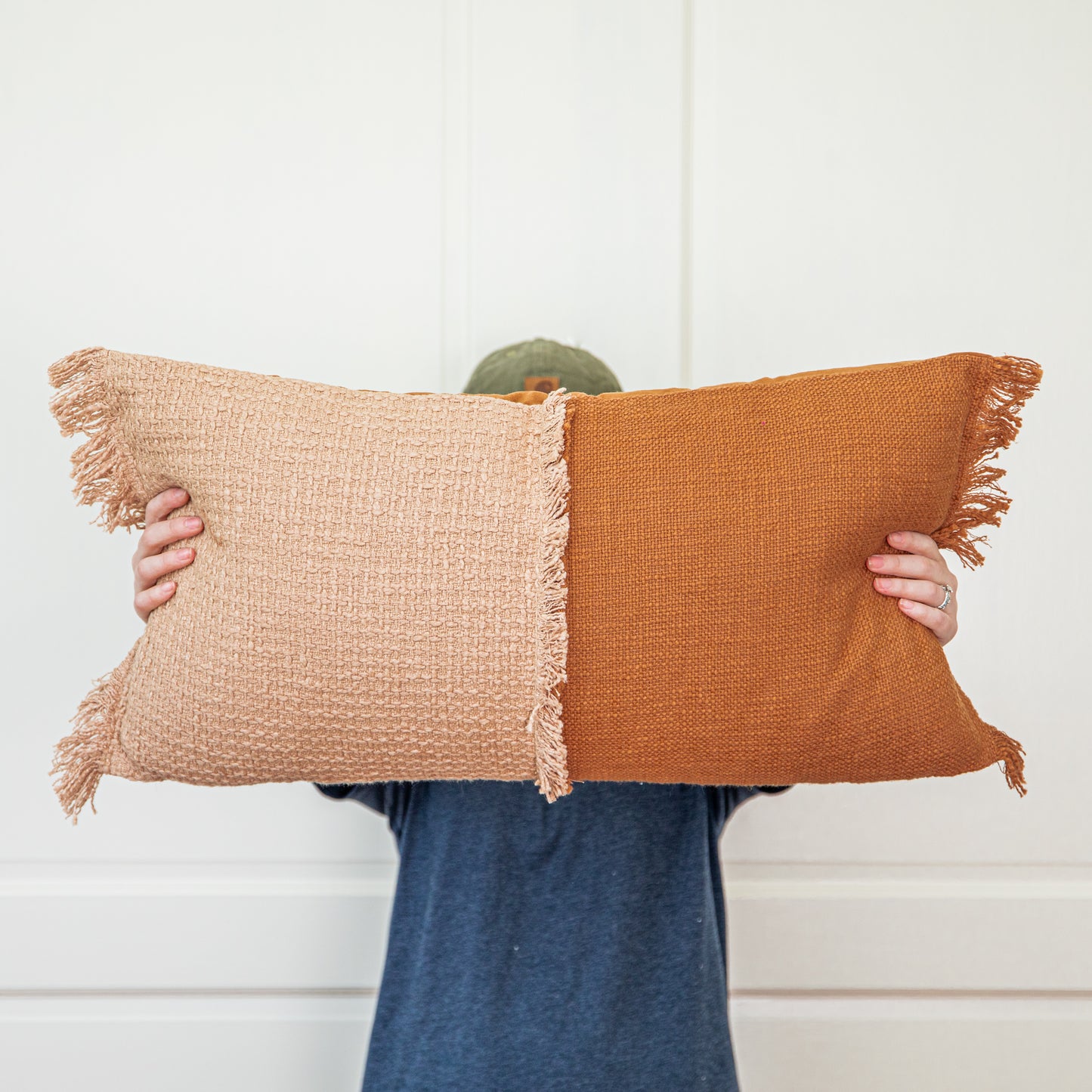 Two Tone Lumbar Pillow with Fringe