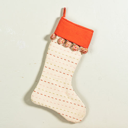 White & Red Kantha Stitch Stocking with Pom Poms